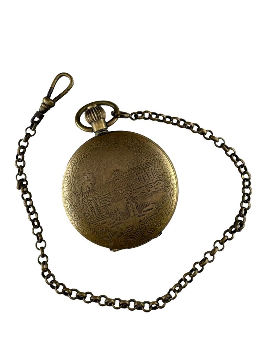 Vintage Bronze Mechanical Pocket Watch Roman Numeral Dial with Chain 99.16g
